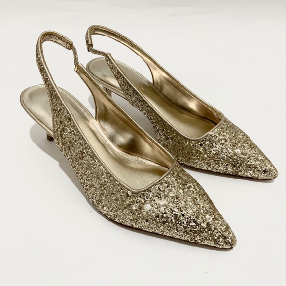 Lilly Pulitzer Shaina Slingback Gold Glitter Pump Pointed Toe Kitten Heel Shoe 6 - Picture 5 of 8